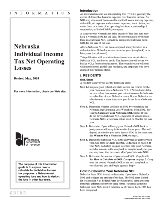 Nebraska Individual Tax Net Operating Losses Instructions