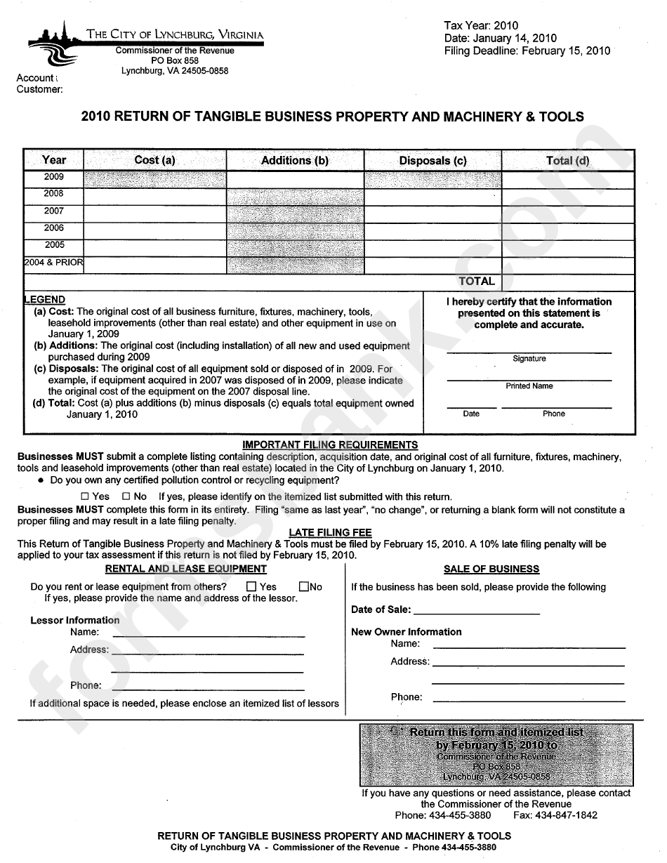 Return Of Tangible Business Property And Machinery & Tools The City