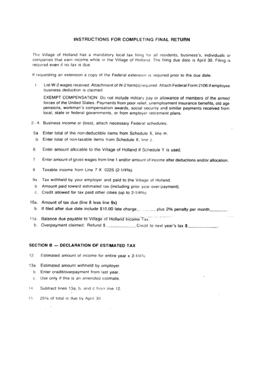 Instructions For Completing Final Return Village Of Holland, Ohio