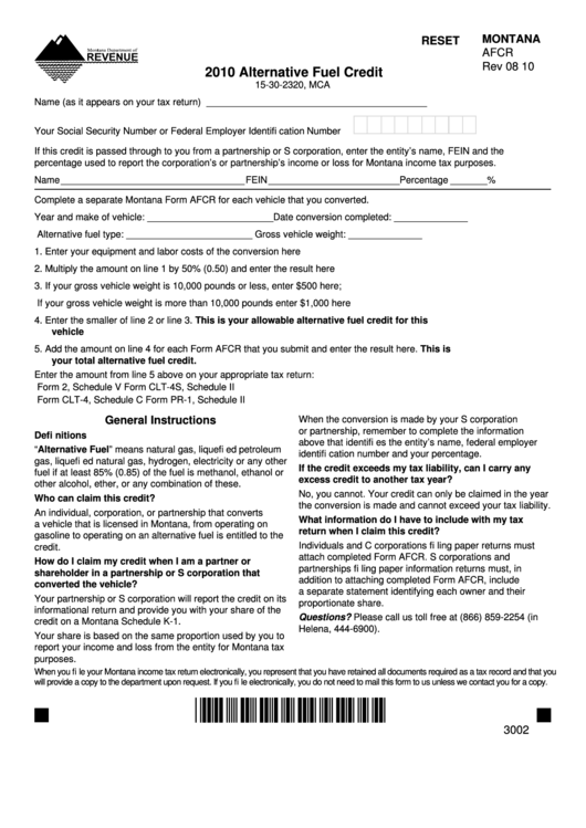Fillable Montana Form Afcr Alternative Fuel Credit 2010 printable