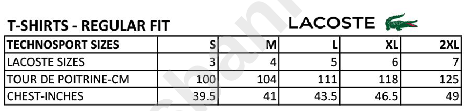 T-Shirts - Regilar Fit - Lacoste Size Chart printable pdf download