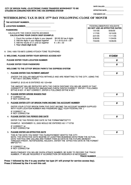 Form Bpeftw1 Withholding Tax City Of Brook Park printable pdf download