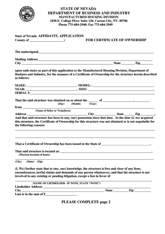 Fillable Affidavit, Application For Certificate Of Ownership State Of