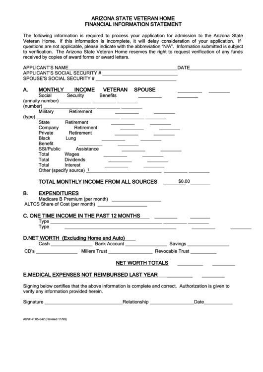 Fillable Form AsvhP 05042 Financial Information Statement Arizona