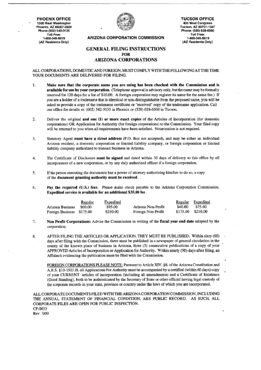 General Filing Instructions For Arizona Corporations printable pdf download