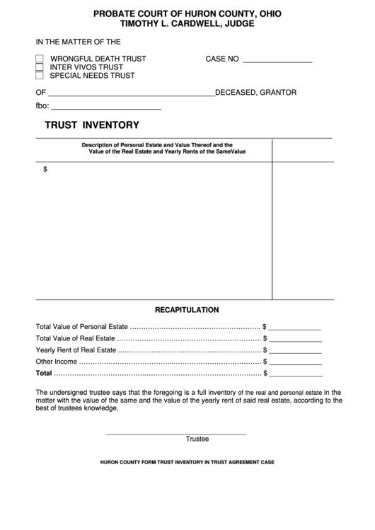 Fillable Trust Inventory Probate Court Of Huron County, Ohio printable pdf download