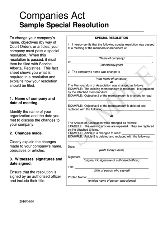 Companies Act Sample Special Resolution printable pdf download
