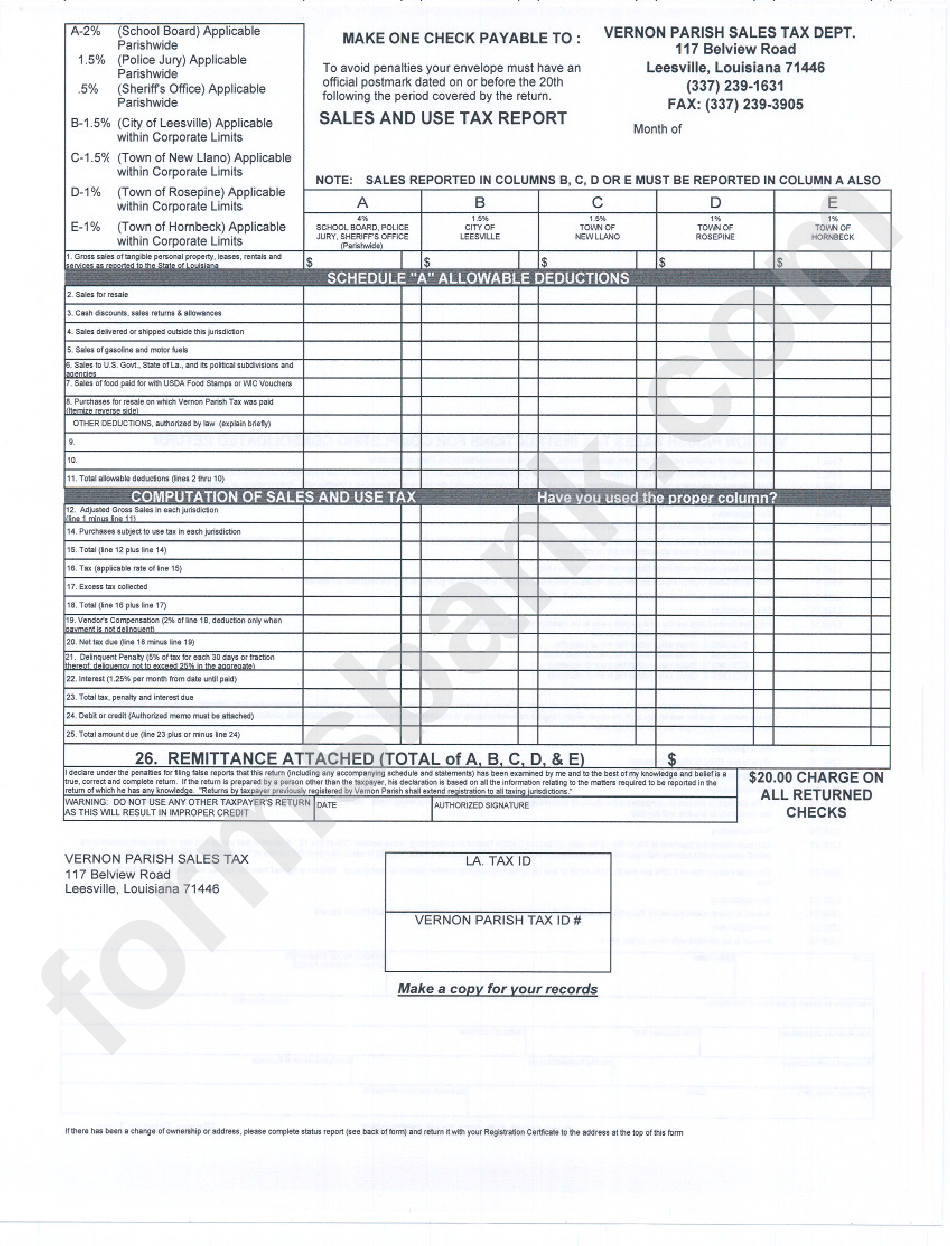 Sales And Use Tax Report Vernon Parish Sales Tax Department printable pdf download