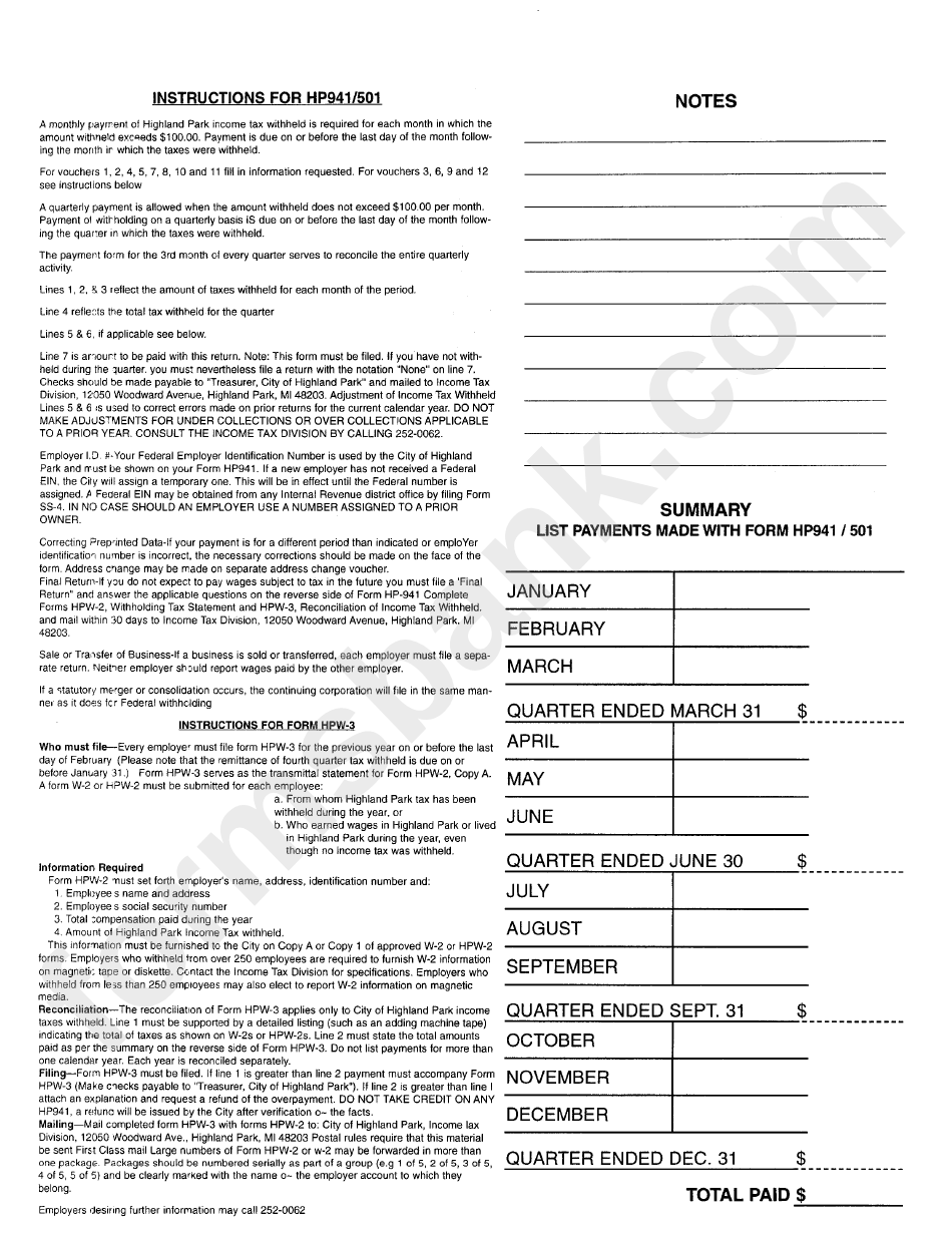 Form Hp941/501 Employer'S Monthly Return For Highland Park Tax