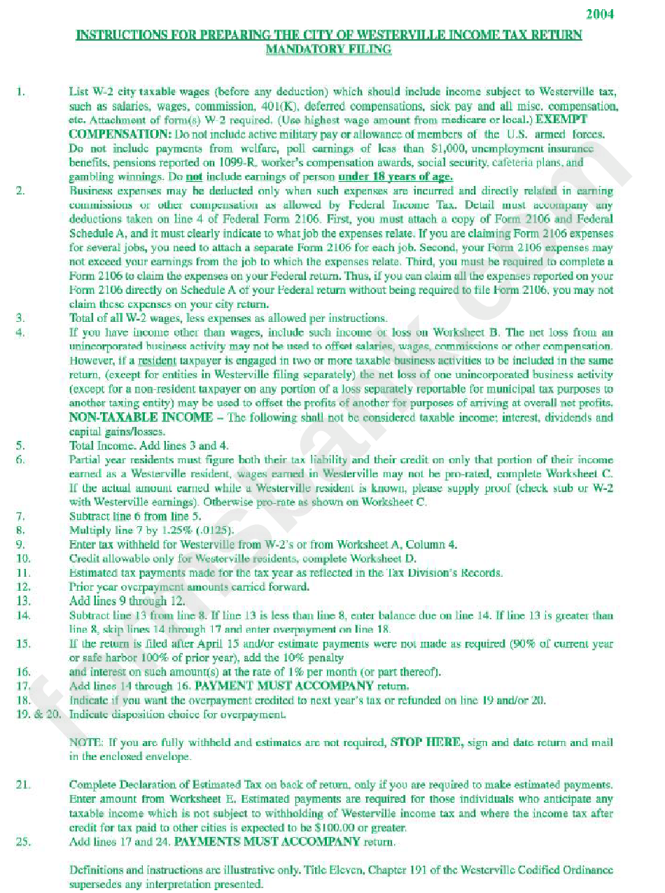 Instructions For Preparing The City Of Westerville Tax Return