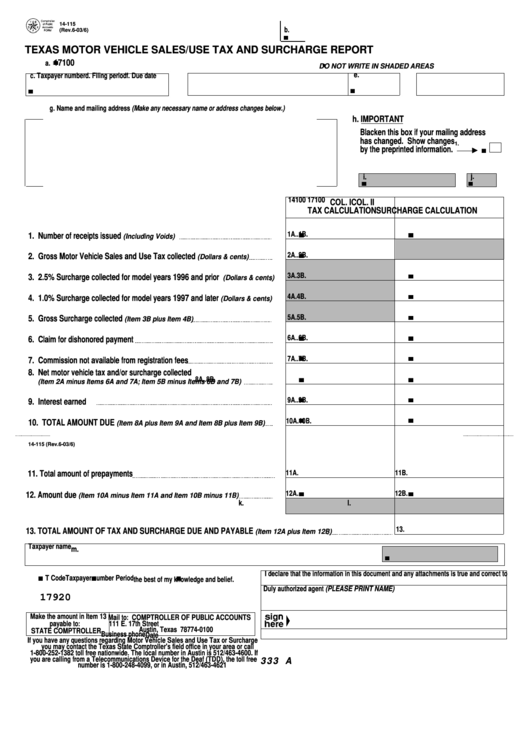 Fillable Form 14115 Texas Motor Vehicle Sales/use Tax And Surcharge