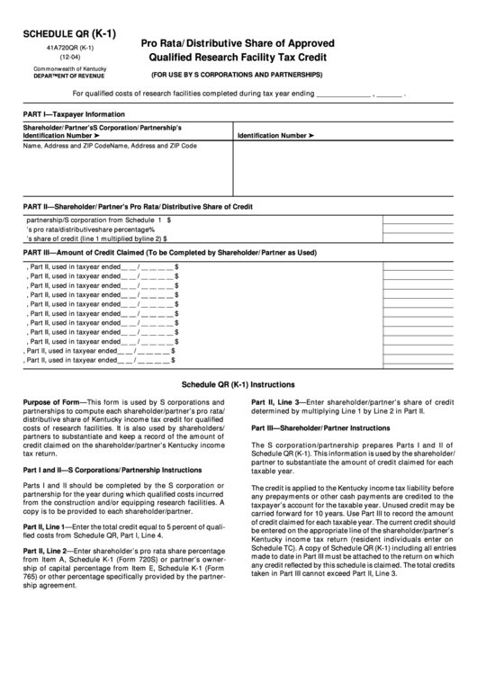 Schedule Qr (K1) (Form 41a720qr) Pro Rata/distributive Share Of