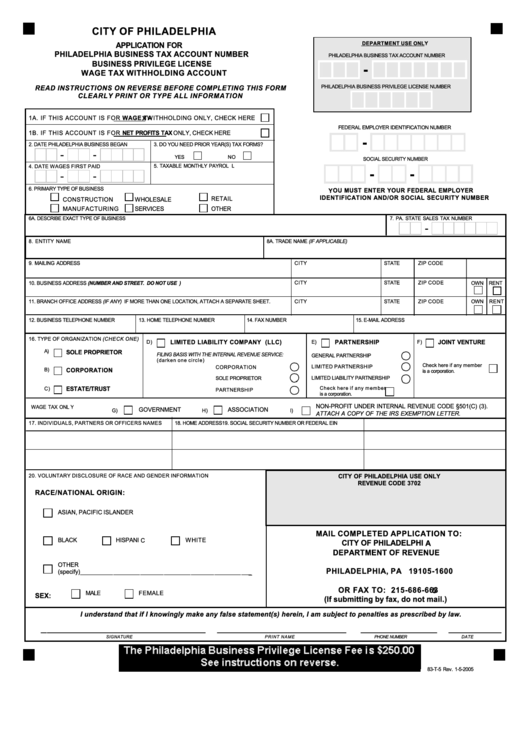 Form 83T5 Application For Philadelphia Business Tax Account Number