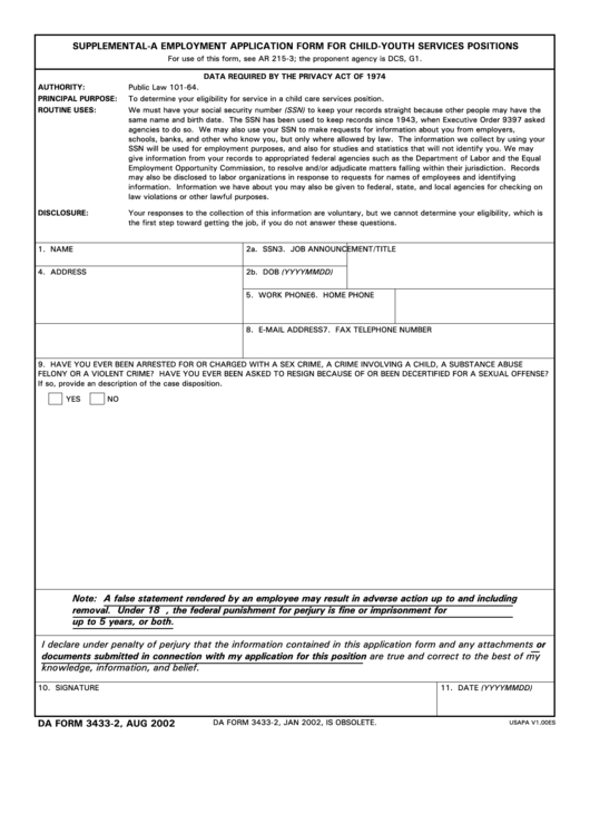 Da Form 34332 SupplementalA Employment Application Form For Child