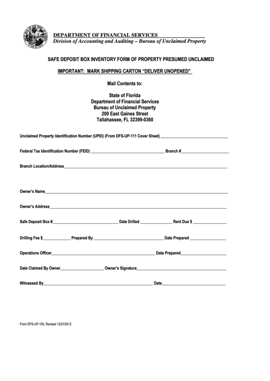 Form DfsUp155 Safe Deposit Box Inventory Form Of Property Presumed Unclaimed printable pdf