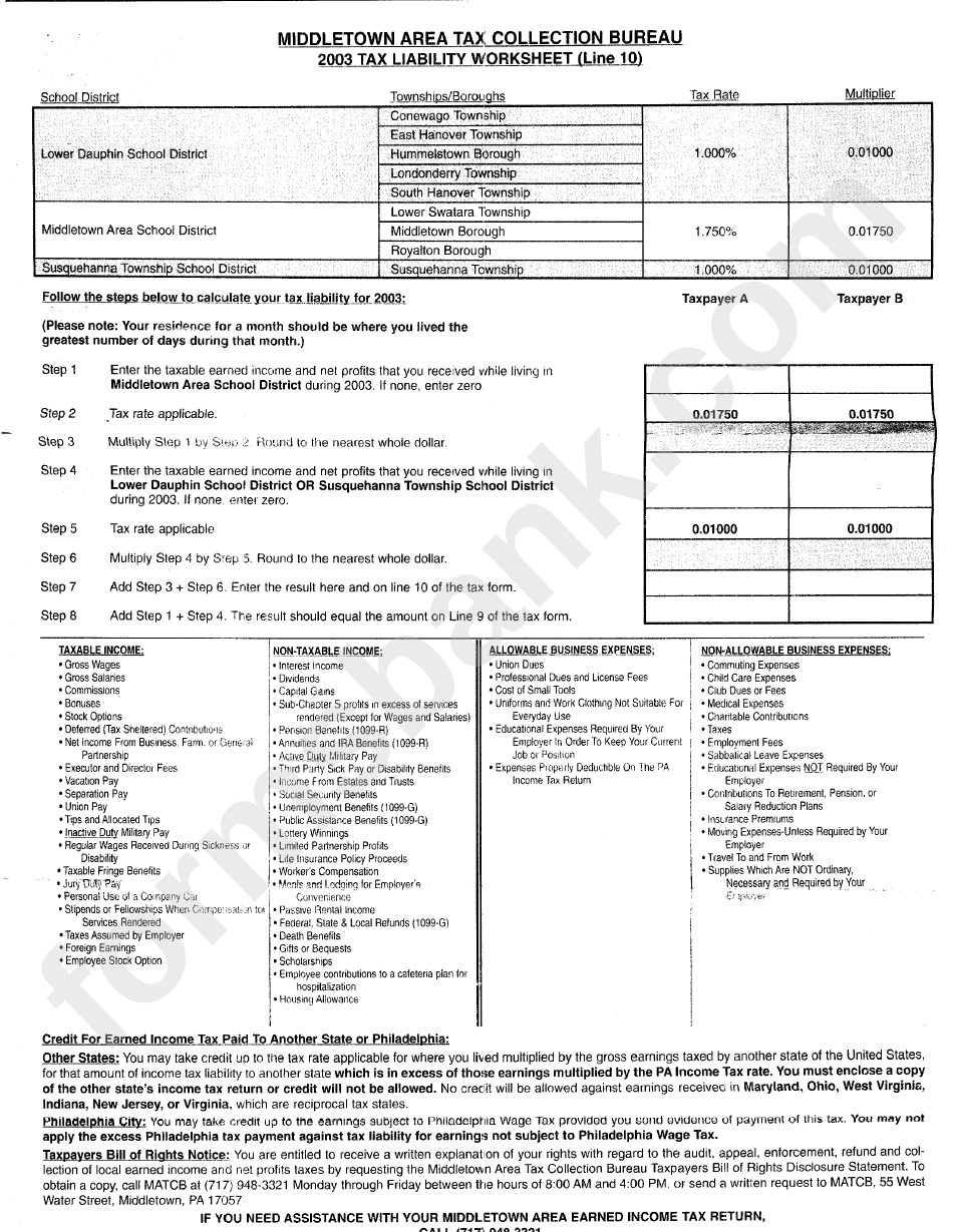 Tax Liability Worksheet Middletown Area Tax Collection Bureau 2003