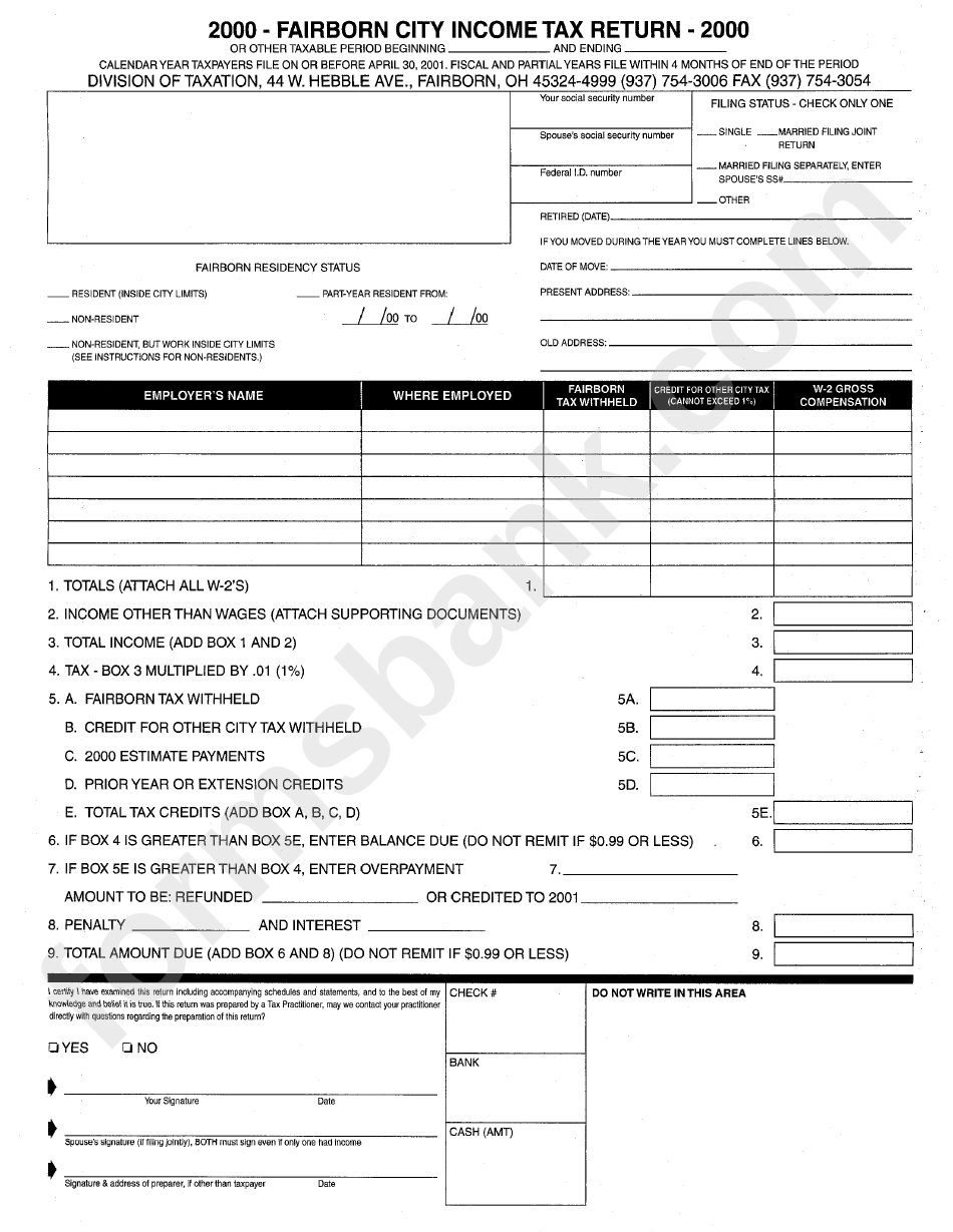 Fairborn City Tax Return 2000 printable pdf download