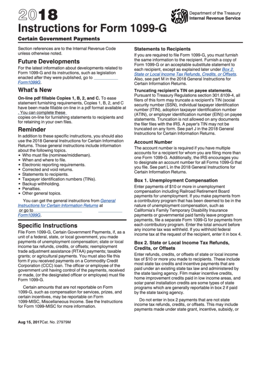 Instructions For Form 1099-G - 2018 printable pdf download