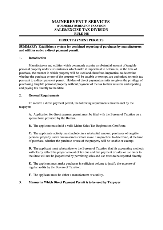 Direct Payment Permits Maine Sales/excise Tax Division printable pdf