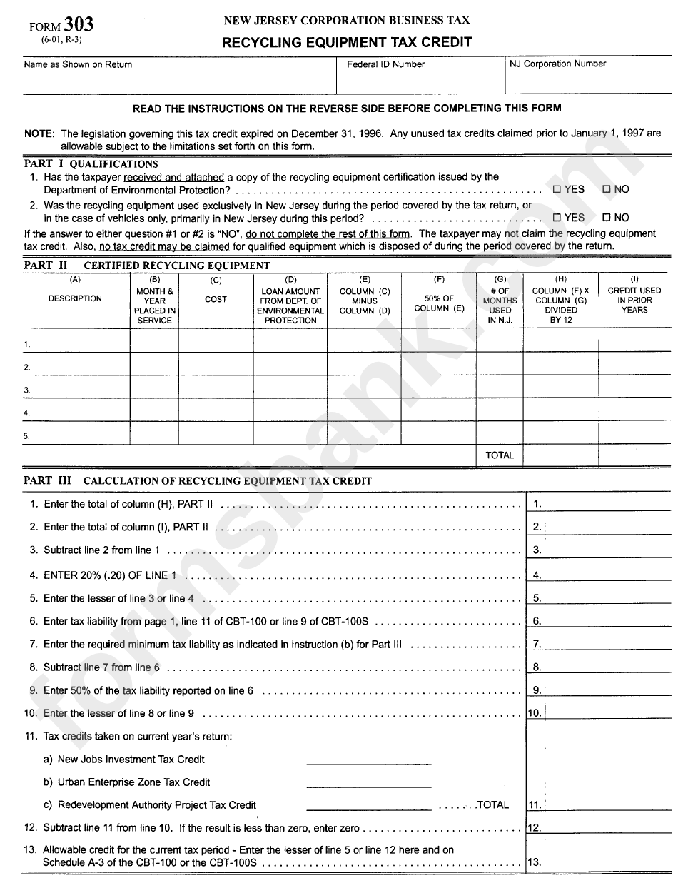 Form 303 Recycling Equipment Tax Credit printable pdf download