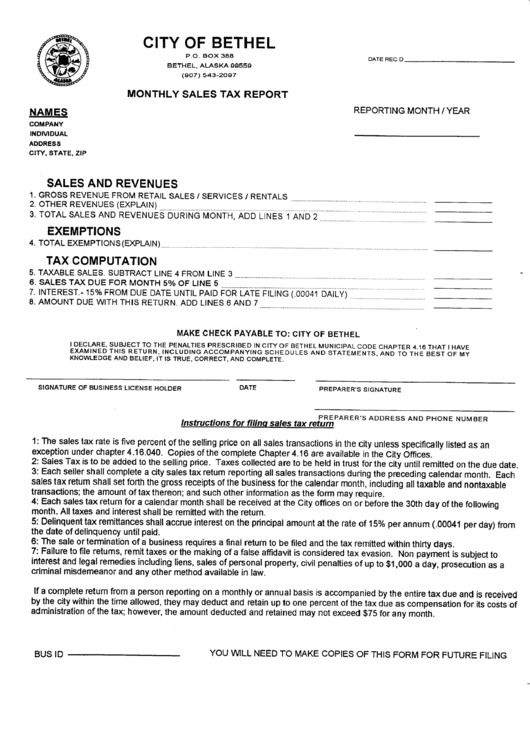 Monthly Sales Tax Report City Of Bethel printable pdf download