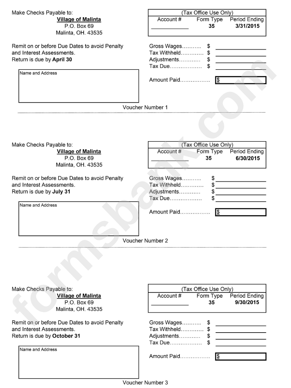 Tax Return Payment Voucher Village Of Malinta, Ohio 2015 printable pdf download