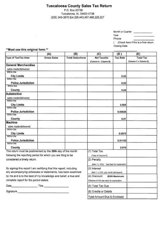 Tuscaloosa Country Sales Tax Return printable pdf download