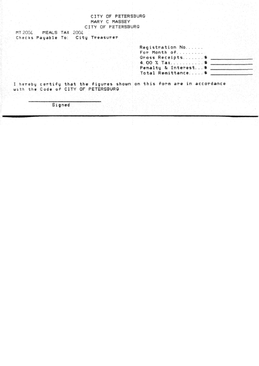 Meals Tax Form City Of Petersburg, Virginia 2004 printable pdf download