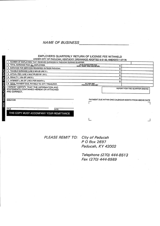 Employer'S Quarterly Return Of License Fee Withheld City Of Paducah