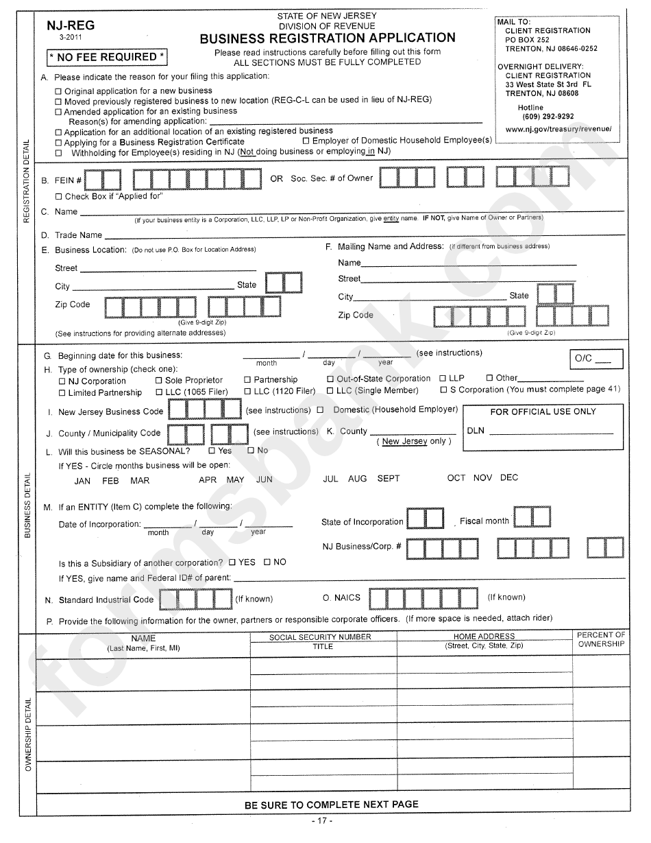 Form NjReg Business Registration Application printable pdf download
