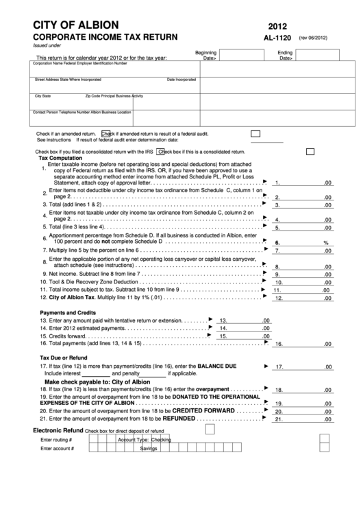 Form Al1120 City Of Albion Corporate Tax Return 2012