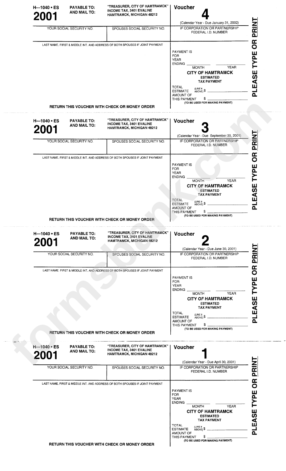 Form H1040 Es City Of Hamtramck Estimated Tax Payment Voucher 2001