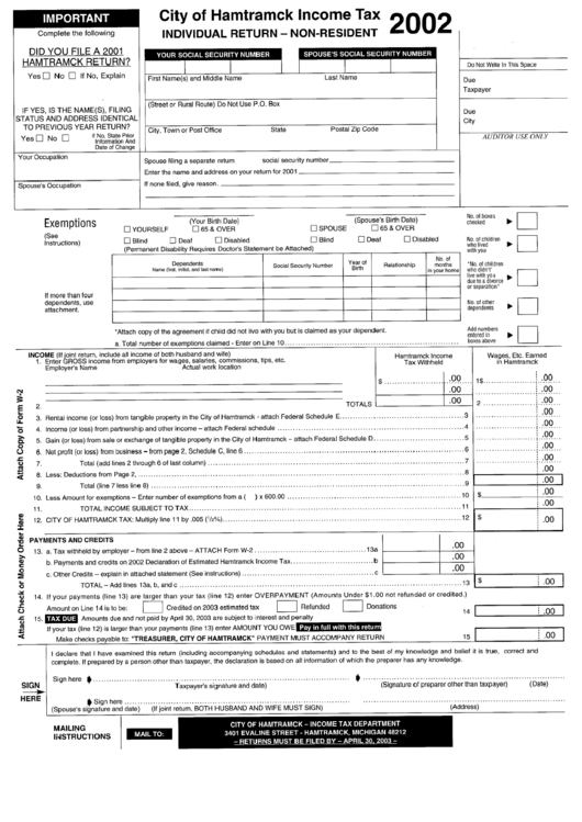 City Of Hamtramck Tax Individual Return NonResident 2002