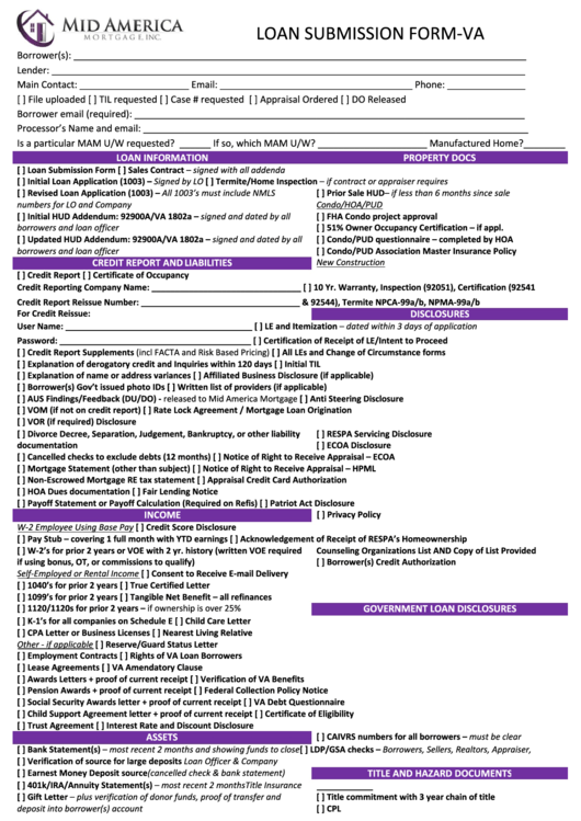 Fillable Form Va Loan Submission Mortgage Form printable pdf download