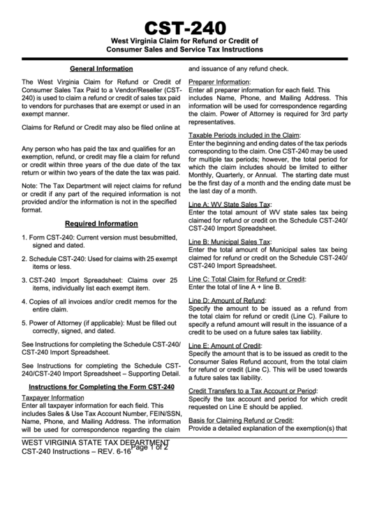 Form Cst240 West Virginia Claim For Refund Or Credit Of