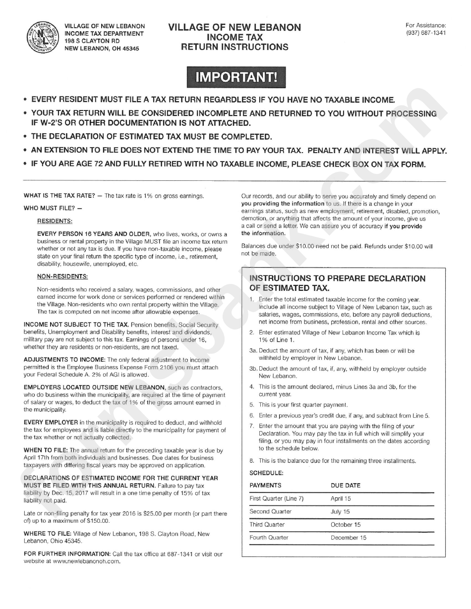 Tax Return Instructions Village Of New Lebanon printable pdf