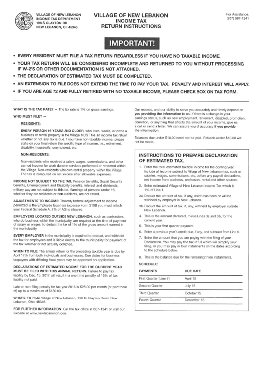 Tax Return Instructions Village Of New Lebanon printable pdf