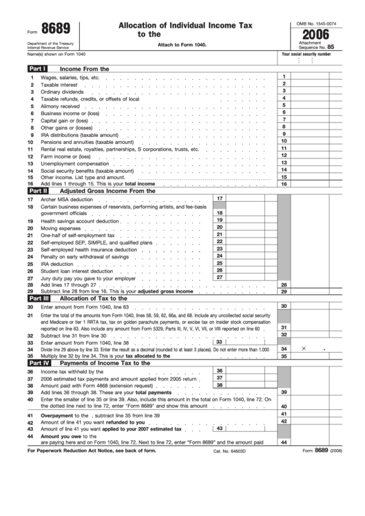 Fillable Form 8689 Allocation Of Individual Tax To The U.s