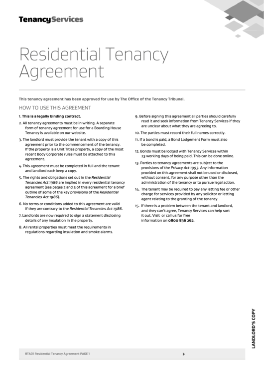 Fillable Residential Tenancy Agreement printable pdf download