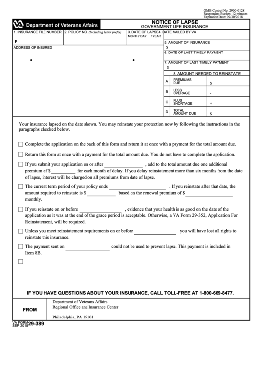 Fillable Va Form 29389 Notice Of Lapse printable pdf download