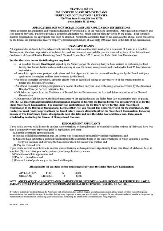 Fillable Form BolMorM1 Application For Mortician Licensure 2010