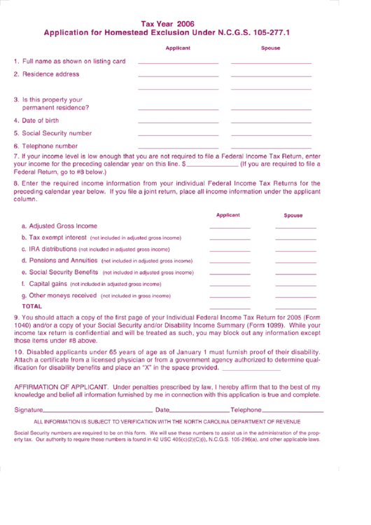 Application For Homestead Exclusion Under N.c.g.s. 105277.1 North