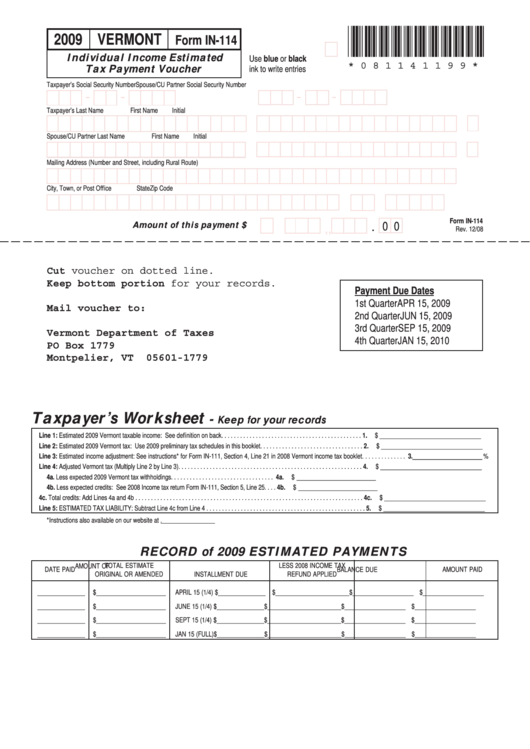 Form In114 Individual Estimated Tax Payment Voucher 2009