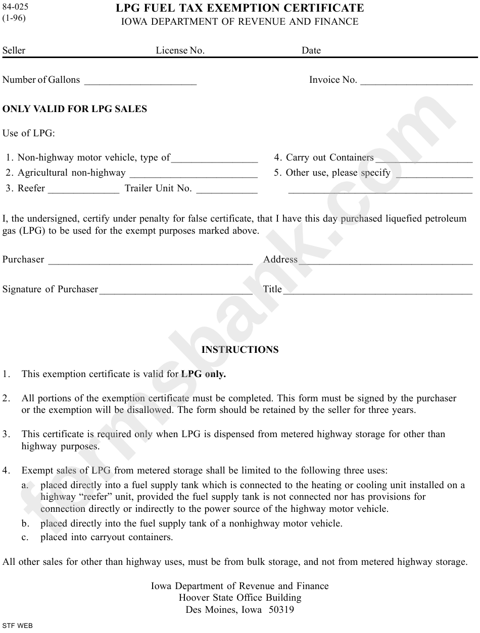 Fillable Form 84025 Lpg Fuel Tax Exemption Certificate printable pdf