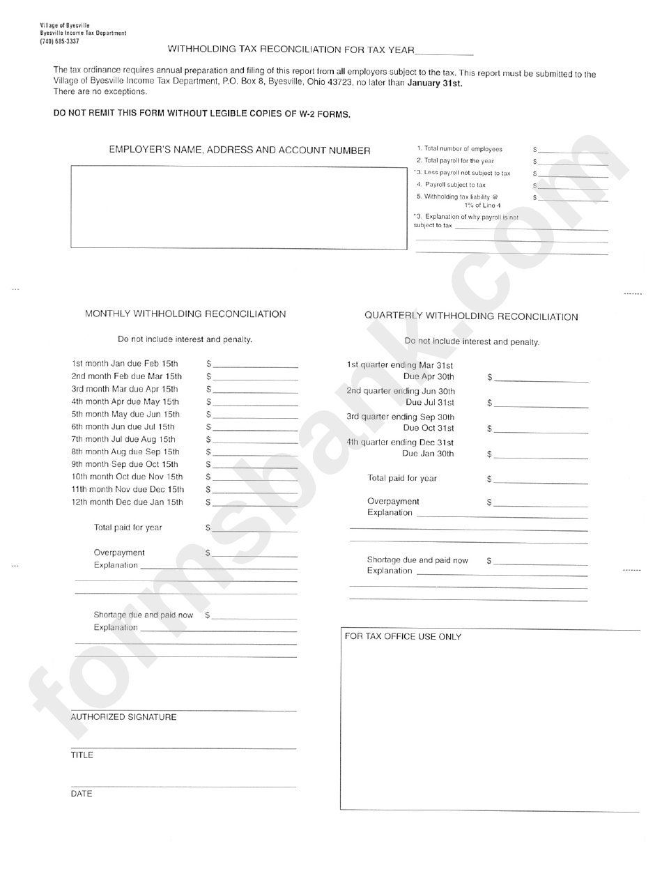 Withholding Tax Reconciliation Form Byesville Tax