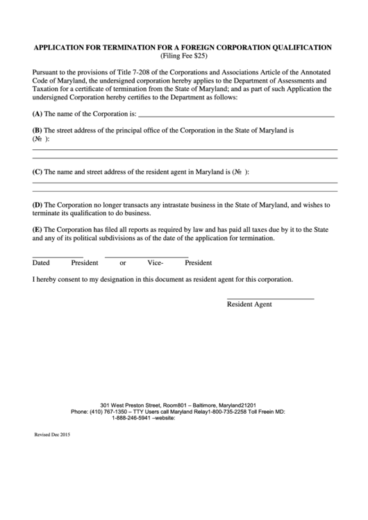 Fillable Application For Termination For A Foreign Corporation