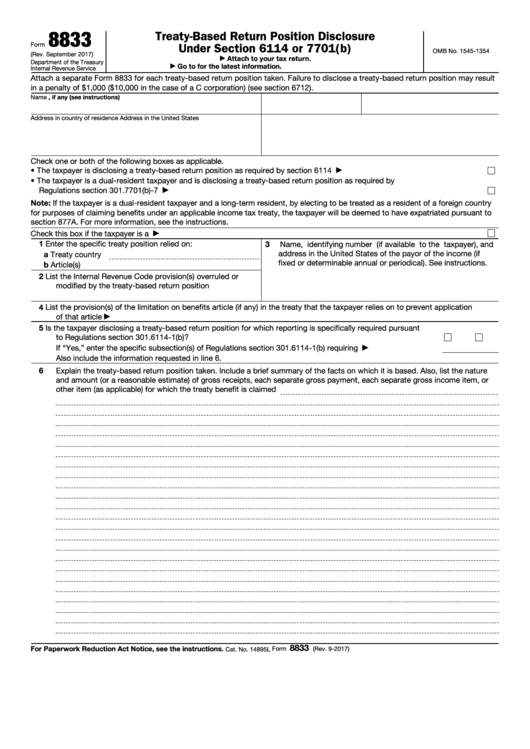 Fillable Form 8833 TreatyBased Return Position Disclosure Under Section 6114 Or 7701(B