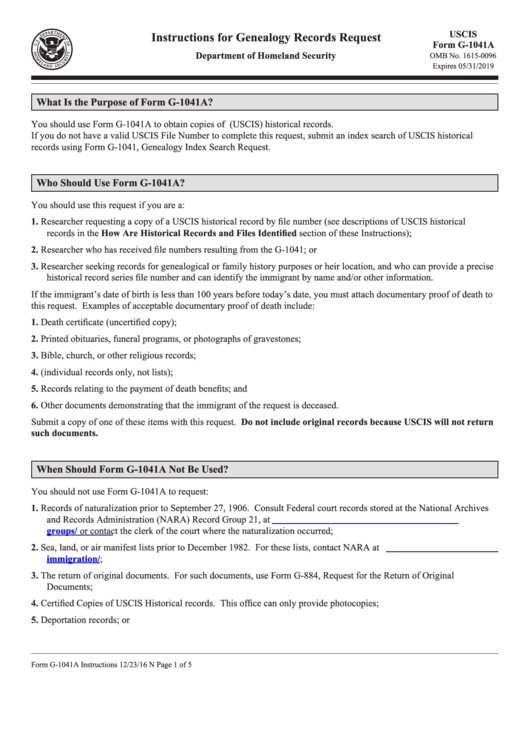 Instructions For Genealogy Records Request (Form G1041a) printable pdf