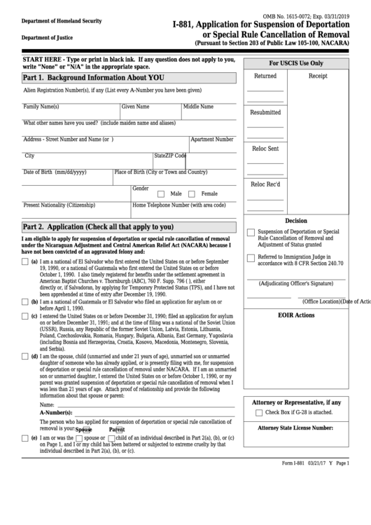 Fillable Form I881 Application For Suspension Of Deportation Or