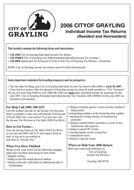 Individual Tax Returns Forms (Resident And Nonresident) City Of Grayling 2006